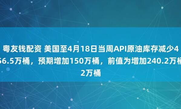 粤友钱配资 美国至4月18日当周API原油库存减少456.5万桶，预期增加150万桶，前值为增加240.2万桶